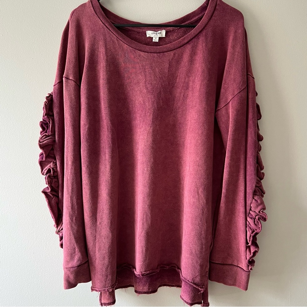 Umgee Distressed Cotton Blend French Terry Ruffle Pullover